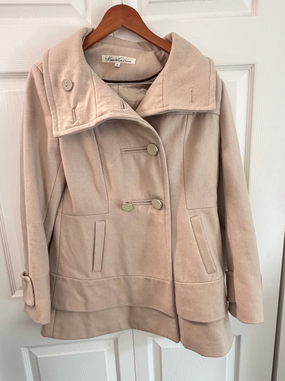 Kenneth Cole New York Wool Blend Asymmetrical Peacoat camel or beige  Size 8